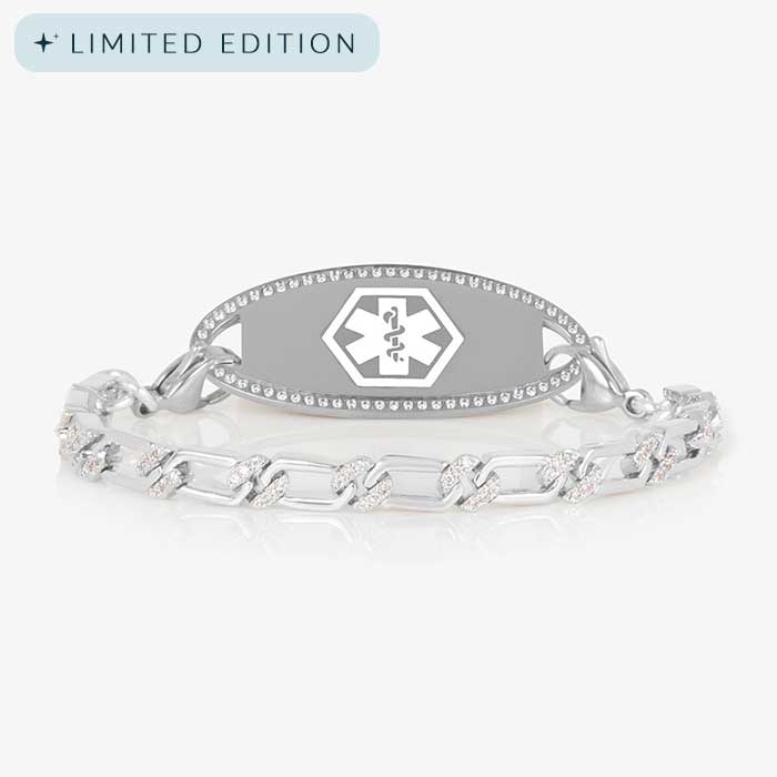 Front view of silver Harper medical ID bracelet with CZ links and a pavé-bordered ID tag featuring the medical caduceus symbol.
