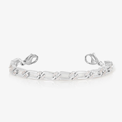 Close-up of the silver Harper bracelet strand with rectangular CZ-accented links and lobster clasps at each end.