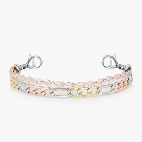 Mixed-metal bracelet strand with crystal accents, featuring gold, silver, and rose gold chain links designed for interchangeable medical ID tags