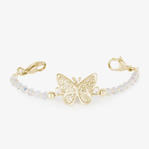 Gold-tone butterfly bracelet strand with iridescent crystal beads, designed to pair with a medical ID tag for a stylish safety accessory.
