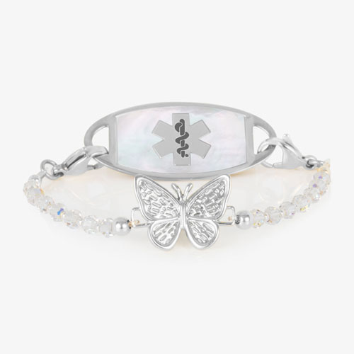 Silver medical ID bracelet with butterfly crystal strand and mother-of-pearl alert tag featuring the Star of Life symbol.