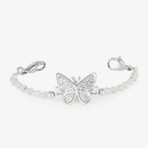 Silver-tone Monarch interchangeable bracelet with sparkling crystal beads and butterfly centerpiece, designed for medical ID tags.