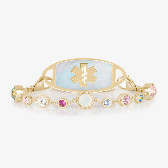 	Mia Gold bracelet paired with a medical ID tag featuring an Mother of pearl inlay and medical alert symbol with colorful crystal accents.