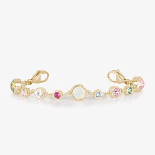 Mia Gold interchangeable bracelet featuring colorful bezel-set crystals and luminous opal accents in polished gold-tone settings with lobster clasps.