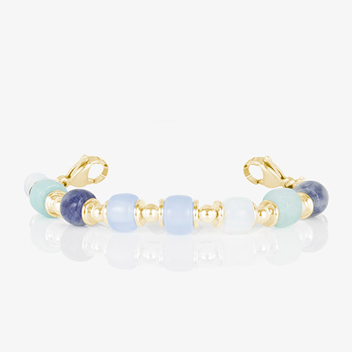 Gold-tone Selene interchangeable bracelet featuring soft blue and aqua beads with polished accents for medical ID jewelry.