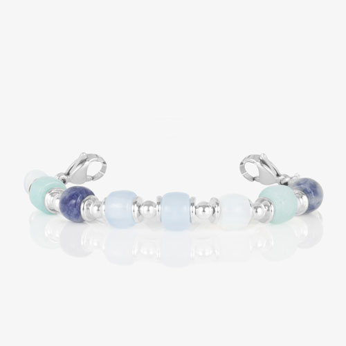 Silver-tone medical alert bracelet with mother-of-pearl inlay and Star of Life emblem, paired with a blue beaded Selene bracelet.