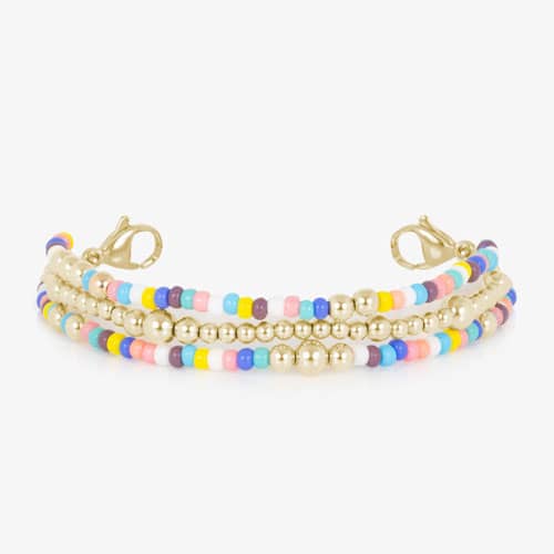 Gold tone beaded bracelet with colorful seed beads and lobster clasps shown without an ID tag.