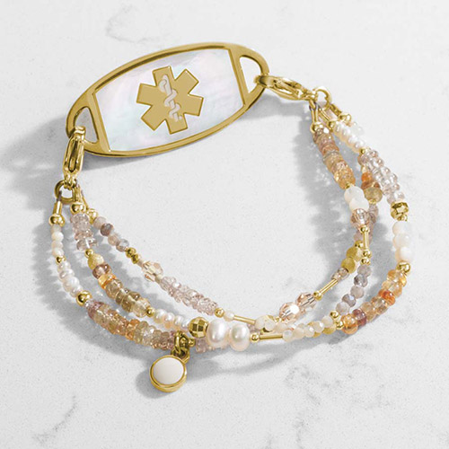 Stylish Leighton Beaded Medical Alert Bracelet in Citrine and Pearl with gold accents and a playful white and gold charm, perfect for interchangeable medical ID tags