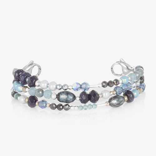 Phoebe Medical Alert Bracelet featuring three strands in pearlescent grey, rich blues, and metallic accents, perfect for pairing with silver-tone medical ID tags
