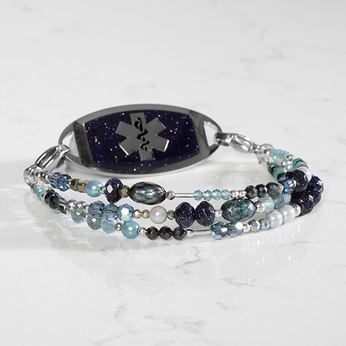 Elegant Phoebe Medical ID Bracelet in Silver, with a three-strand design featuring pearls, crystals, and silver-filled beads for versatile wear
