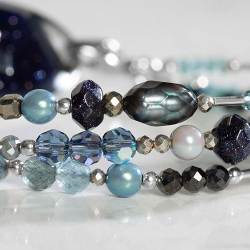 Close-up of bracelet details on Phoebe Medical Alert Bracelet, highlighting pearls, micro-faceted crystals, and silver accents