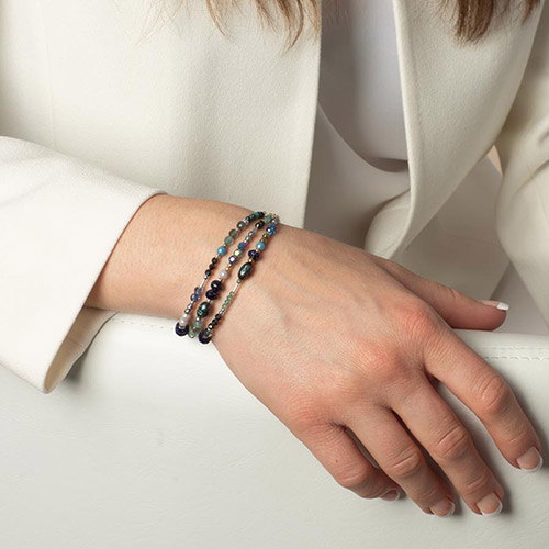 Phoebe Beaded Medical ID Bracelet in Silver, shown on wrist, with a mix of freshwater pearls and shimmering crystals