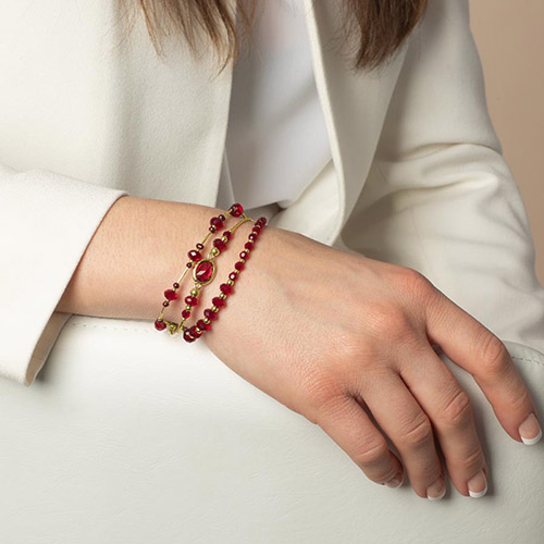 Holly Crystal and Gold Medical ID Bracelet, shown on wrist, with red freshwater pearls and sparkling crystals for an elegant look