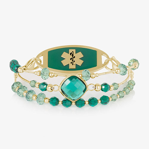 Laurel Crystal and Gold Medical ID Bracelet with three strands of emerald and green-blue crystals, accented with gold for an elegant look