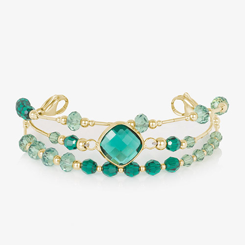 Laurel Medical Alert Bracelet featuring emerald and blue-green crystals with a gold bezel-set square centerpiece, ideal for pairing with medical ID tags