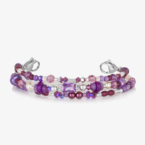 Three strands of purple and amethyst beads with silver accents that can be paired with any LH medical ID tag