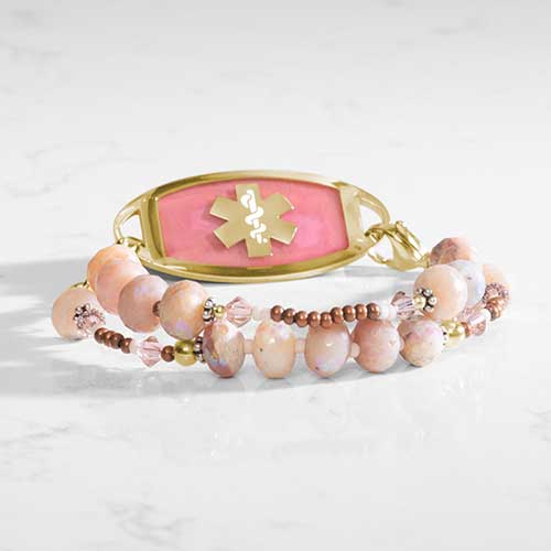 Peruvian opals, natural stones, sterling silver, gold accents paired with a warm pink stone inlay and gold medical ID tag with a gold medical symbol.
