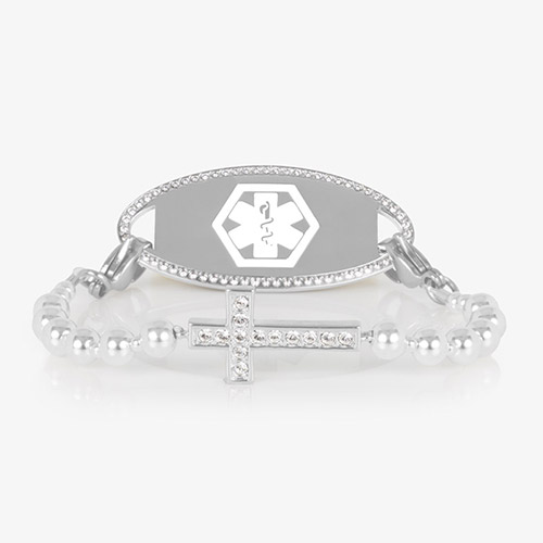 Faith Silver medical ID bracelet with white crystal cross centerpiece and beaded strand, shown with silver medical ID tag on white background.