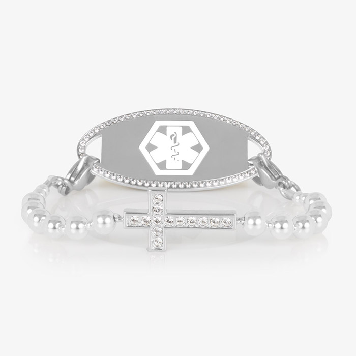 Faith Silver medical ID bracelet with white crystal cross centerpiece and beaded strand, shown with silver medical ID tag on white background.