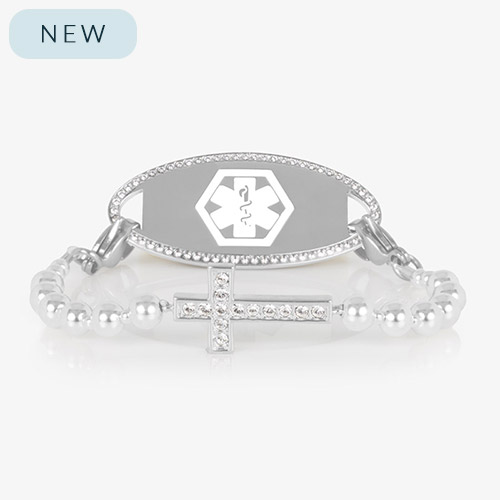 Faith Silver medical ID bracelet with white crystal cross centerpiece and beaded strand, shown with silver medical ID tag on white background.
