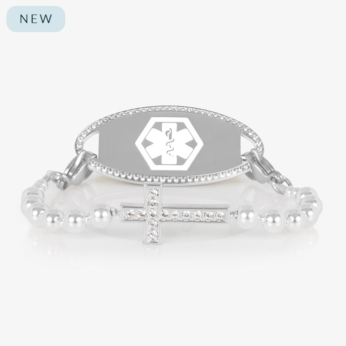 Faith Silver medical ID bracelet with white crystal cross centerpiece and beaded strand, shown with silver medical ID tag on white background.
