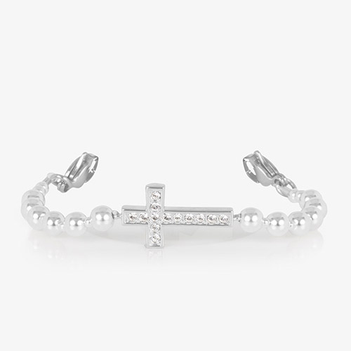 Faith Silver interchangeable medical ID strand with silver beaded design and rhinestone cross centerpiece, shown without tag.