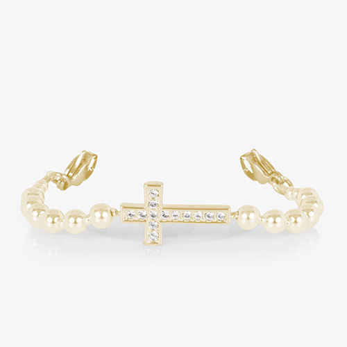 Gold medical alert bracelet strand featuring crystal cross and lobster clasps, shown on white background