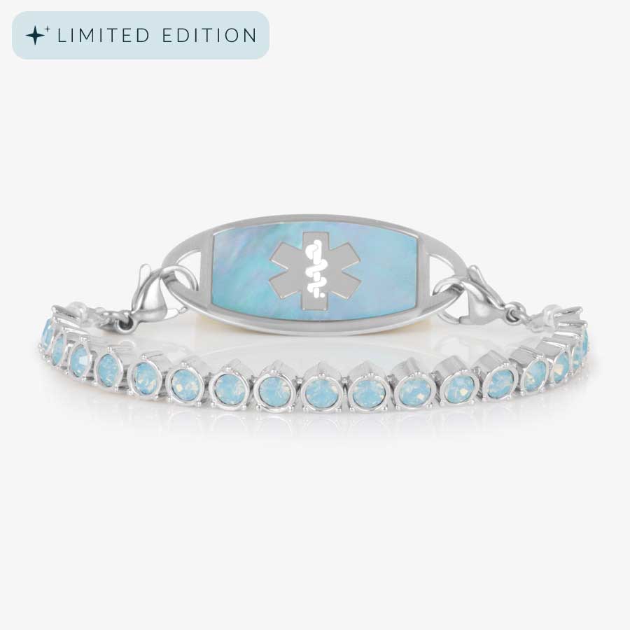 Luna Opal Stretch Medical ID Tennis Bracelet – Light Blue & Silver