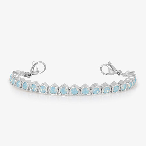 Detached bracelet strand in silver finish with prong-set blue opal stones, designed for use with interchangeable Lauren’s Hope medical ID tags.