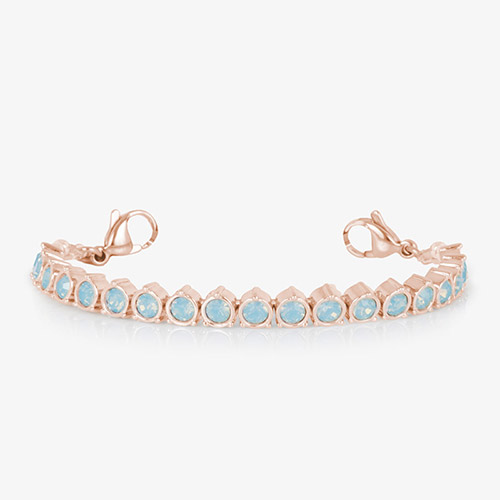 Bracelet strand featuring bezel-set light blue opal crystals in rose gold, designed to pair with Lauren’s Hope interchangeable ID tags.