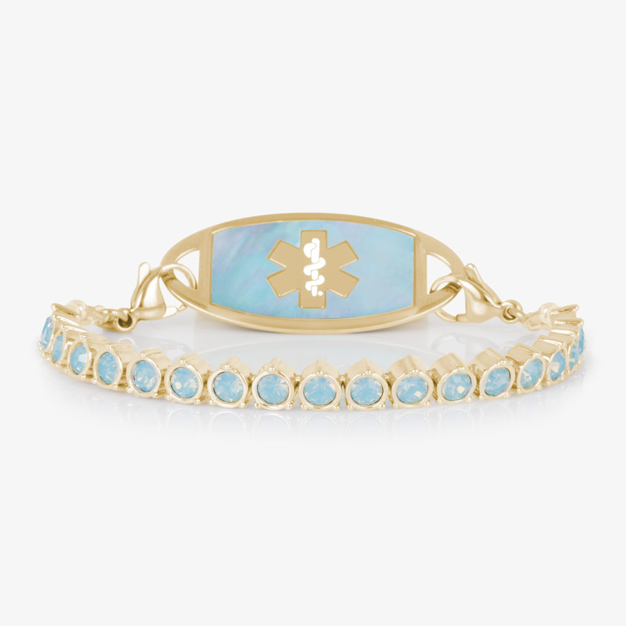 Luna Opal Stretch Medical ID Tennis Bracelet – Light Blue & 12k