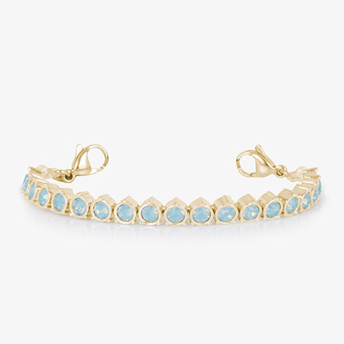 Gold bracelet strand with round blue opal crystals and lobster clasps, shown without ID tag