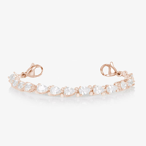 Jackie Rose bracelet strand with 14k rose gold plating and pear-shaped cubic zirconia stones, shown without ID tag on a white background.