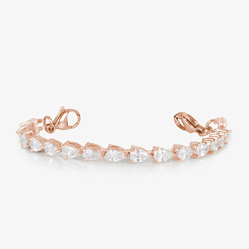 Jackie Rose bracelet strand with 14k rose gold plating and pear-shaped cubic zirconia stones, shown without ID tag on a white background.