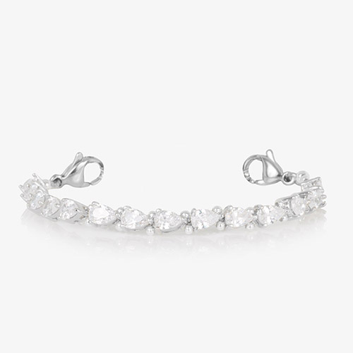 Rhodium-plated stretch bracelet for women featuring a row of pear-shaped cubic zirconia, shown without medical ID tag on white background.