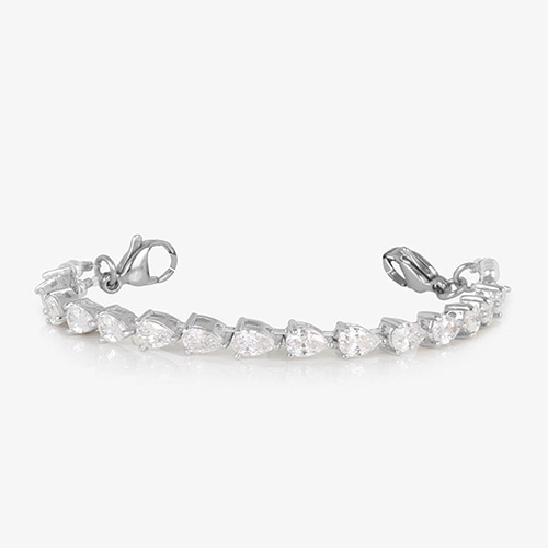 Rhodium-plated stretch bracelet for women featuring a row of pear-shaped cubic zirconia, shown without medical ID tag on white background.