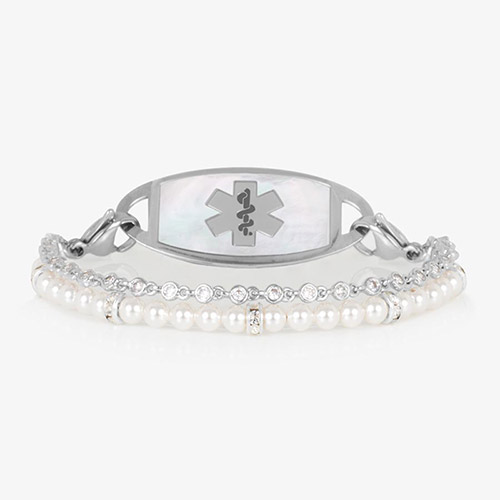 Silver medical ID bracelet with dual strands of pearls and crystals, shown with a silver mother-of-pearl ID tag featuring a medical symbol.
