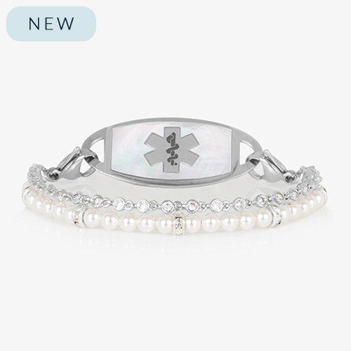 Silver medical ID bracelet with dual strands of pearls and crystals, shown with a silver mother-of-pearl ID tag featuring a medical symbol.