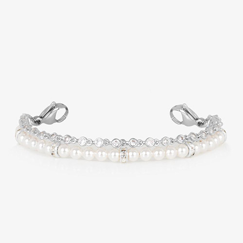 Close-up of a silver interchangeable bracelet strap with pearl and crystal strands, shown without the ID tag.