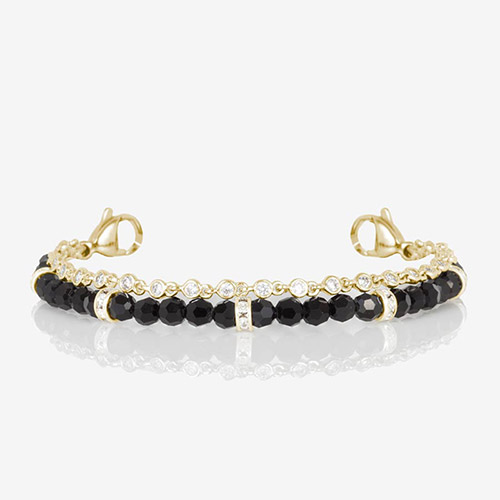 Charlotte medical ID bracelet strand in gold with black faceted beads, crystal rondelles, and a row of bezel-set clear crystals, designed for pairing with interchangeable Lauren’s Hope ID tags.