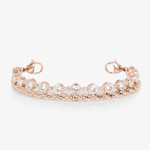Close-up of the rose gold Arden bracelet showing its dual-strand design with bezel-set clear CZs and a twisted chain, without the ID tag attached.