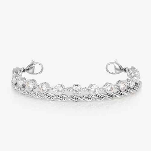Close-up of the silver Arden bracelet without ID tag, highlighting the two-strand design with clear bezel-set crystals and a twisted silver rope chain.