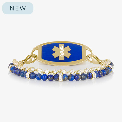 Charlotte Blue Silver medical ID bracelet featuring deep blue lapis beads, sparkling CZ accents, and a custom-engraved silver tag with medical alert symbol.