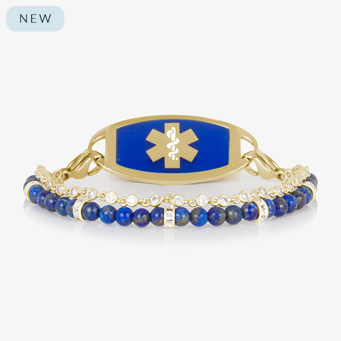 Charlotte Blue Silver medical ID bracelet featuring deep blue lapis beads, sparkling CZ accents, and a custom-engraved silver tag with medical alert symbol.