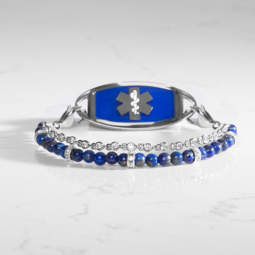 Charlotte Blue women's medical ID bracelet in silver with deep blue lapis beads, sparkling crystal accents, and a coordinating blue and silver custom-engraved medical ID tag.