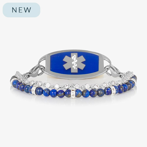 Lauren’s Hope double-strand medical ID bracelet featuring royal blue lapis beads and sparkling crystal accents, paired with a sleek silver ID tag with a bold blue inlay and white medical caduceus symbol.