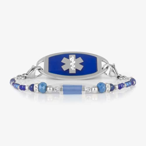 Coby interchangeable bracelet paired with a medical ID tag featuring blue agate, crystals, silver beads, and a blue medical alert emblem.