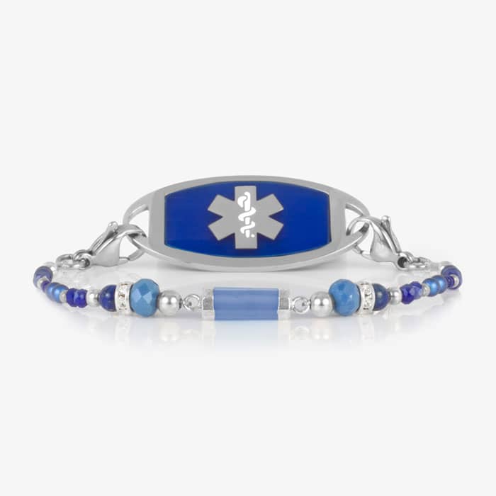 Coby interchangeable bracelet paired with a medical ID tag featuring blue agate, crystals, silver beads, and a blue medical alert emblem.