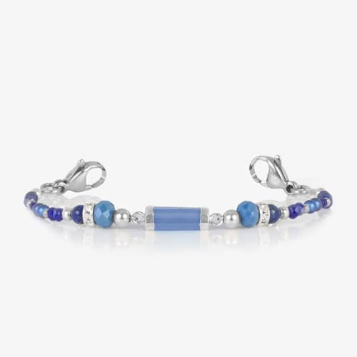 Coby interchangeable bracelet featuring blue agate, faceted blue crystals, silver beads, and sparkling crystal spacers with lobster clasps.