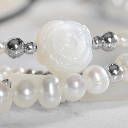 Interchangeable Abby Multi-Strand Beaded Medical ID Bracelet with handcrafted pearls, silver accents, and a focal rosette bead for a unique, elegant look